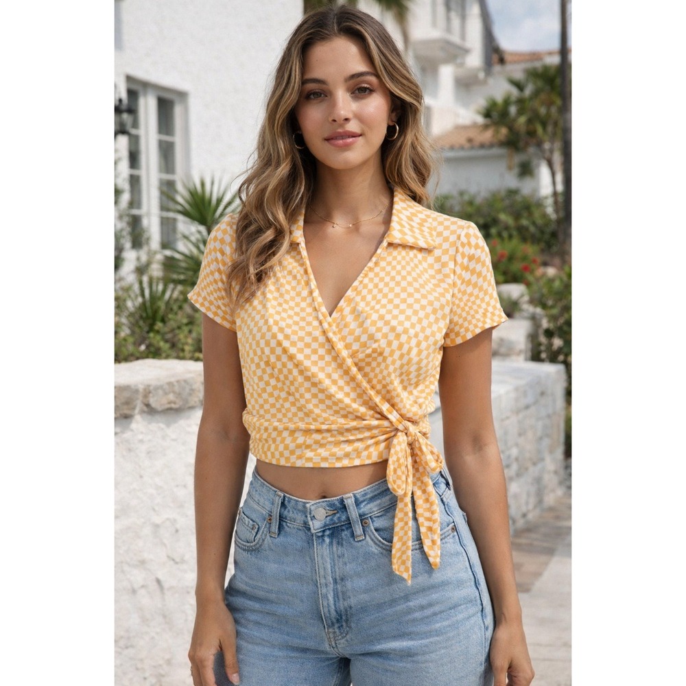 No Comment NY-LA Wrap Crop Top Womens L Front Tie Gingham Print Stretch Boho NWT